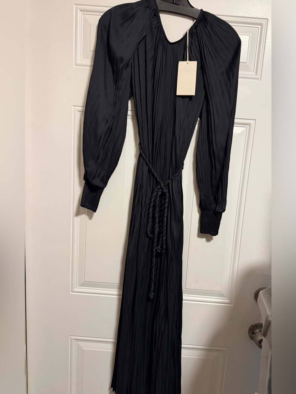 Ulla Johnson Black Pleated Maxi Dress with Braided Tie
